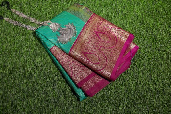 Blue With Purple Border - Premium Semi Silk Brocade Saree - Image 4