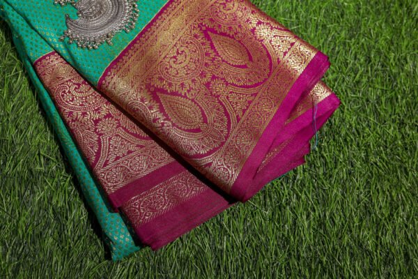 Blue With Purple Border - Premium Semi Silk Brocade Saree - Image 3