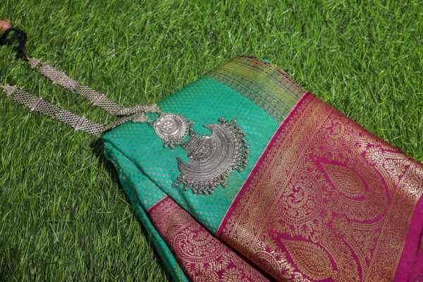 Blue With Purple Border - Premium Semi Silk Brocade Saree - Image 2