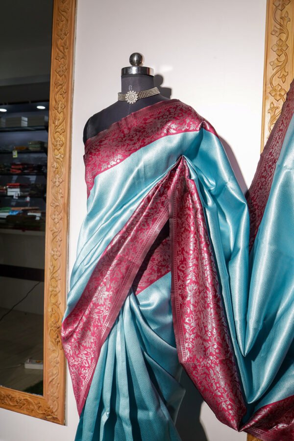 Blue With Purple Border Silver Jari - Semi Silk Saree - Image 4
