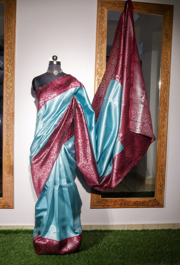 Blue With Purple Border Silver Jari - Semi Silk Saree
