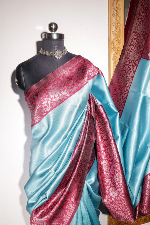 Blue With Purple Border Silver Jari - Semi Silk Saree - Image 5