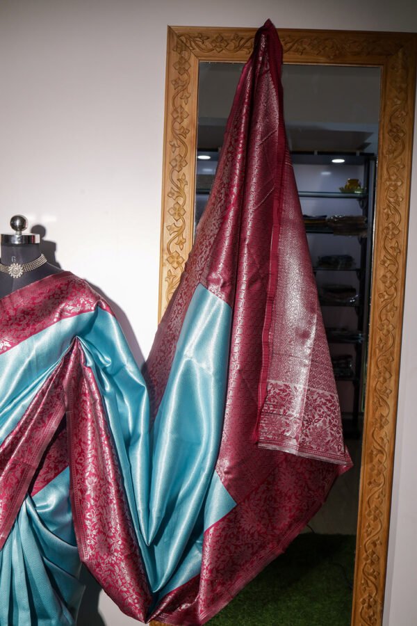 Blue With Purple Border Silver Jari - Semi Silk Saree - Image 2