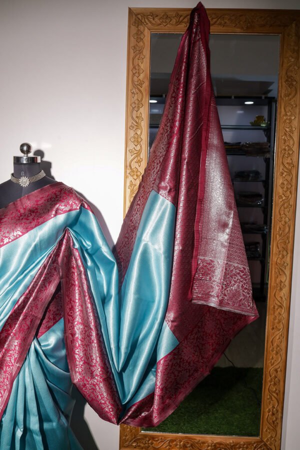 Blue With Purple Border Silver Jari - Semi Silk Saree - Image 3
