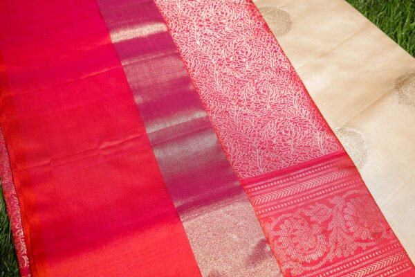 Cream WIth Pink Border - Pure Soft Silk Saree - Image 8