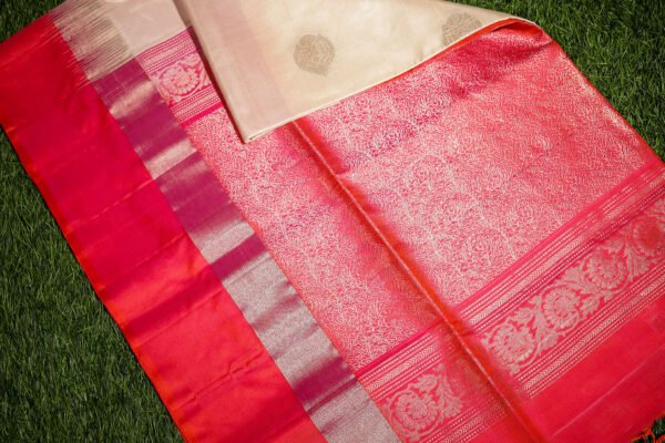 Cream WIth Pink Border - Pure Soft Silk Saree - Image 9