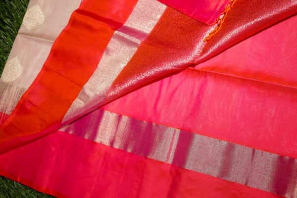 Cream WIth Pink Border - Pure Soft Silk Saree - Image 13