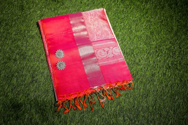Cream WIth Pink Border - Pure Soft Silk Saree - Image 2