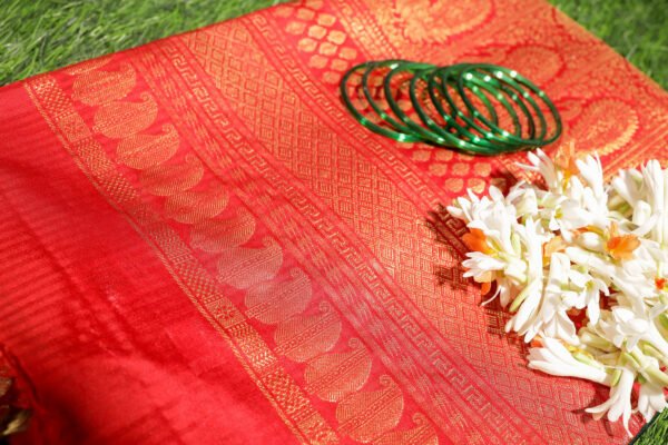 Dark Green With Red Border - Pure Soft Silk Saree - Image 3