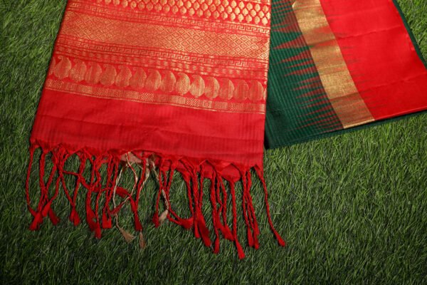 Dark Green With Red Border - Pure Soft Silk Saree - Image 4