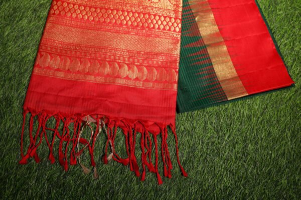 Dark Green With Red Border - Pure Soft Silk Saree - Image 5