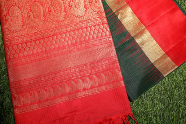 Dark Green With Red Border - Pure Soft Silk Saree - Image 8