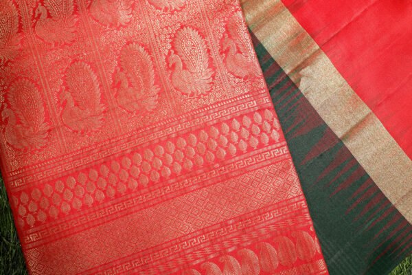 Dark Green With Red Border - Pure Soft Silk Saree - Image 9