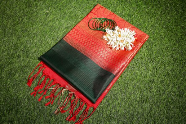 Dark Green With Red Border - Pure Soft Silk Saree - Image 16