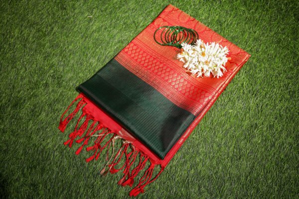 Dark Green With Red Border - Pure Soft Silk Saree