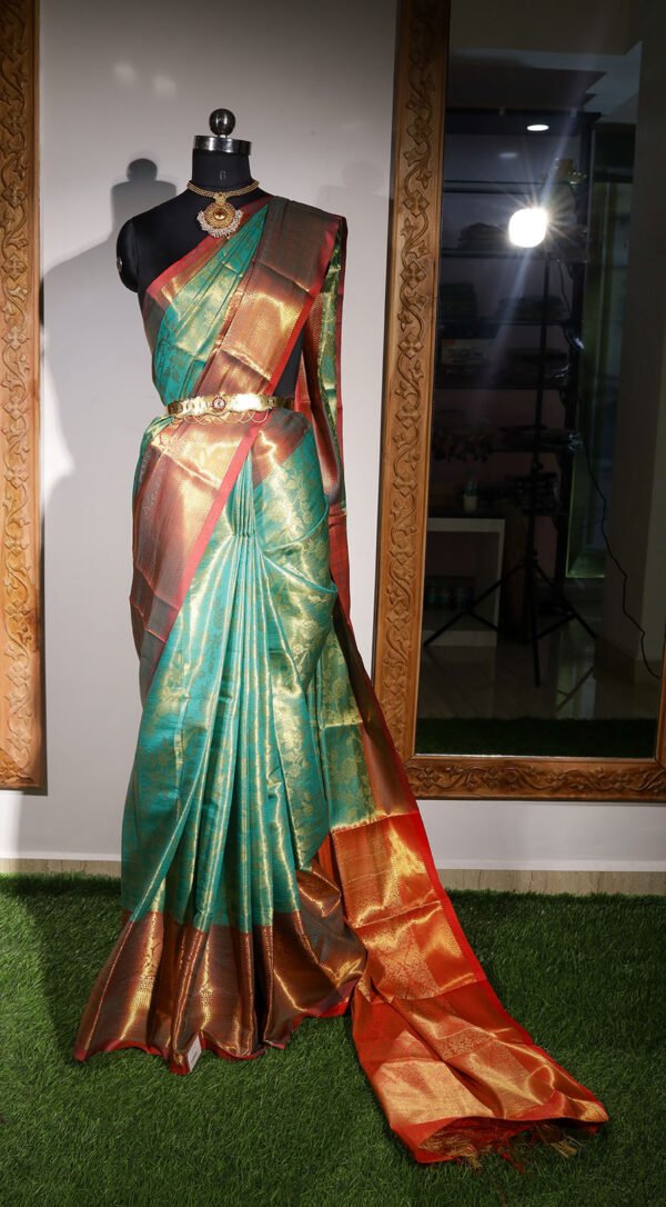 Green With Brick Red Border - Semi Silk Saree - Image 3