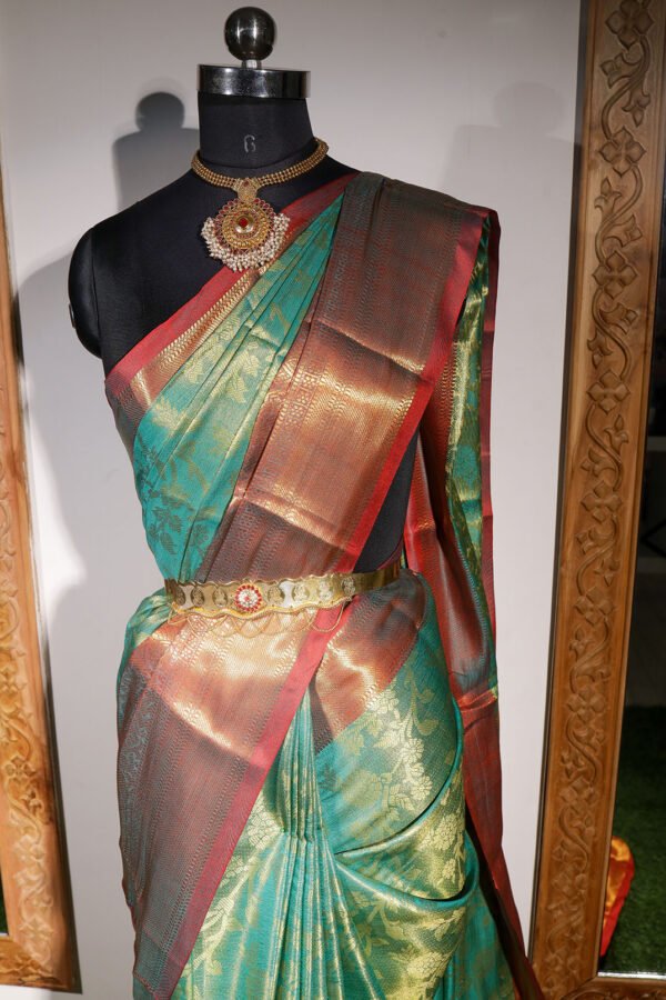 Green With Brick Red Border - Semi Silk Saree - Image 4