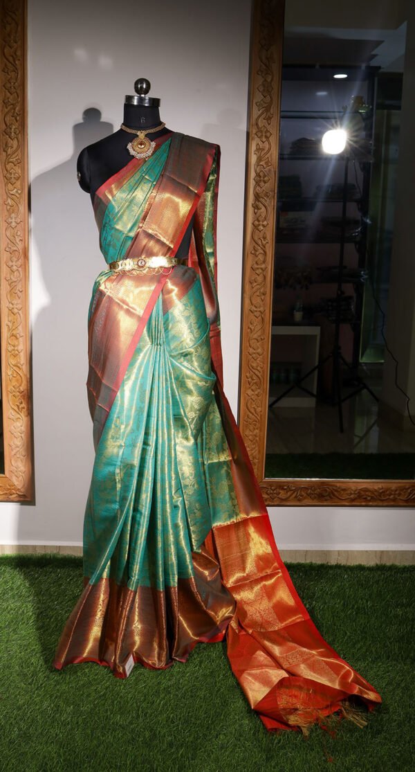 Green With Brick Red Border - Semi Silk Saree - Image 5
