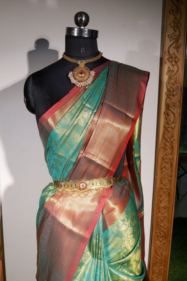 Green With Brick Red Border - Semi Silk Saree
