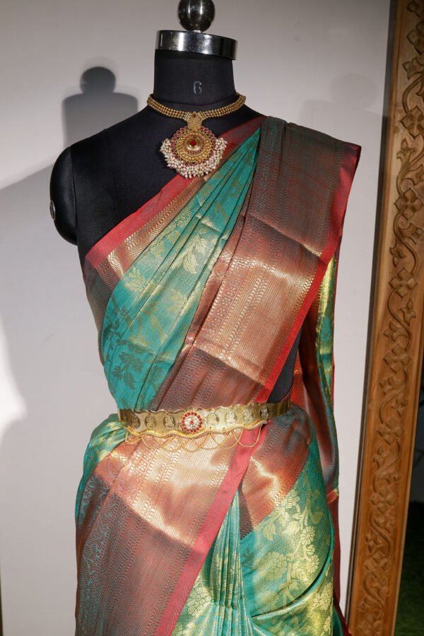 Green With Brick Red Border - Semi Silk Saree - Image 2