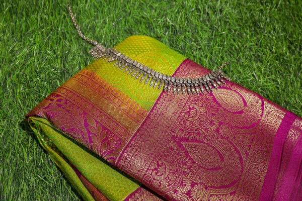 Green With Purple Border -Premium Semi Silk Brocade Saree