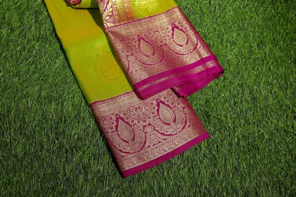 Green With Purple Border -Premium Semi Silk Brocade Saree - Image 2