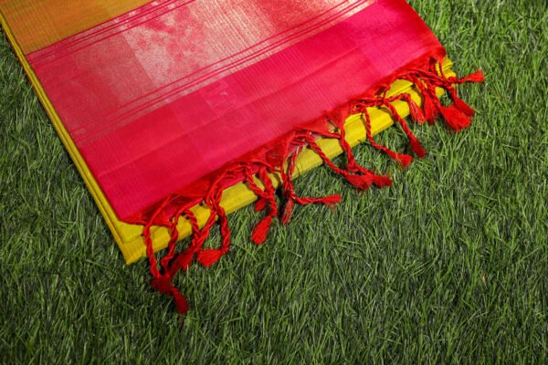Lemon Yellow With Pink Border - Pure Soft Silk Saree - Image 2