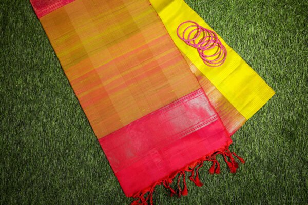 Lemon Yellow With Pink Border - Pure Soft Silk Saree
