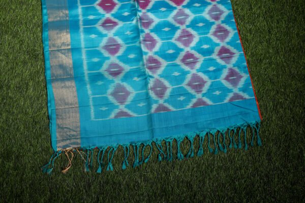 Orange With Blue Border - Pochampalli Soft Silk Saree - Image 3