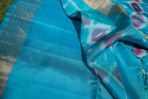 Orange With Blue Border - Pochampalli Soft Silk Saree - Image 7