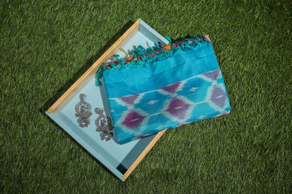 Orange With Blue Border - Pochampalli Soft Silk Saree - Image 9