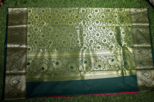 Pink With Green Border - Premium Semi Silk Brocade Saree - Image 2