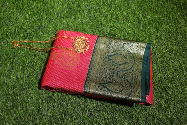 Pink With Green Border - Premium Semi Silk Brocade Saree - Image 3