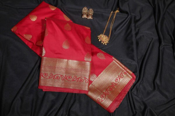 Red With Golden Butta - Semi Silk Saree - Image 4
