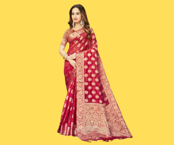 Red With Golden Butta - Semi Silk Saree
