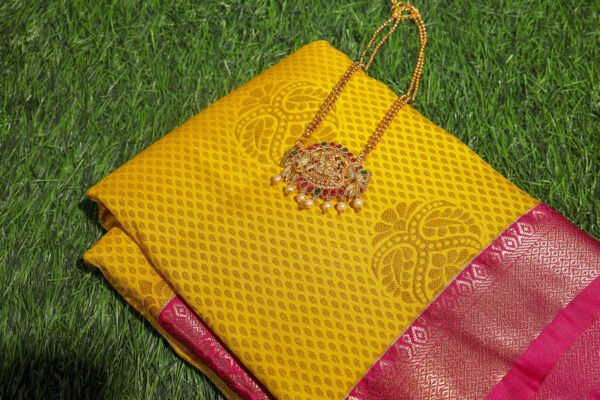 Yellow With Pink Border - Premium Semi Silk Brocade Saree