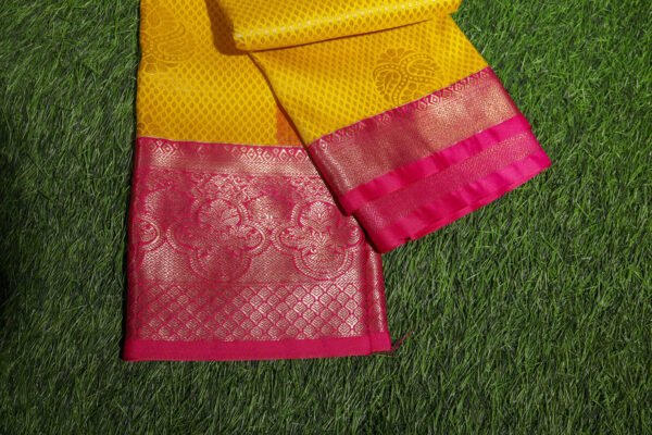 Yellow With Pink Border - Premium Semi Silk Brocade Saree - Image 3