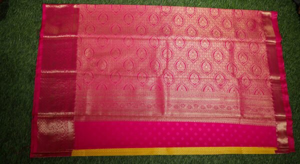 Yellow With Pink Border - Premium Semi Silk Brocade Saree - Image 4