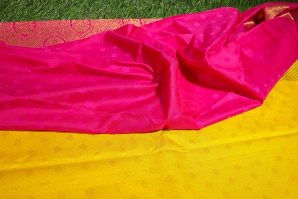 Yellow With Pink Border - Premium Semi Silk Brocade Saree - Image 2