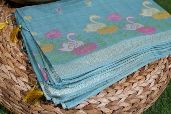 Blue Tassar Silk With Swan Border - Image 4