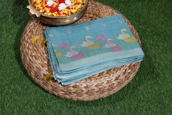 Blue Tassar Silk With Swan Border