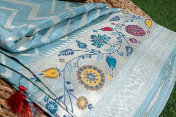 Pastel Blue Tassar Silk With Menakari Work - Image 3