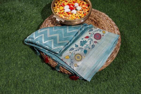 Pastel Blue Tassar Silk With Menakari Work