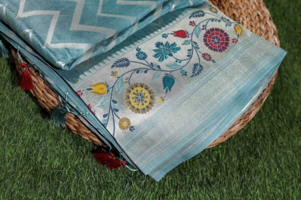 Pastel Blue Tassar Silk With Menakari Work - Image 4