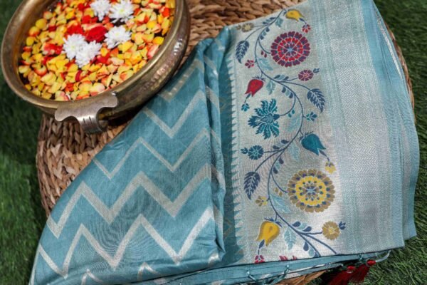 Pastel Blue Tassar Silk With Menakari Work - Image 2