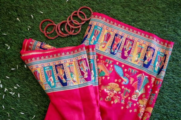 Pink Banarasi Katan With Multi Colour Rajastan Border