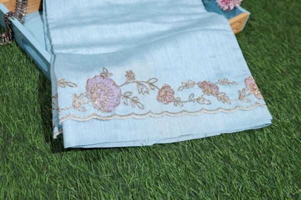 Sky Blue Linen Work Saree - Image 4