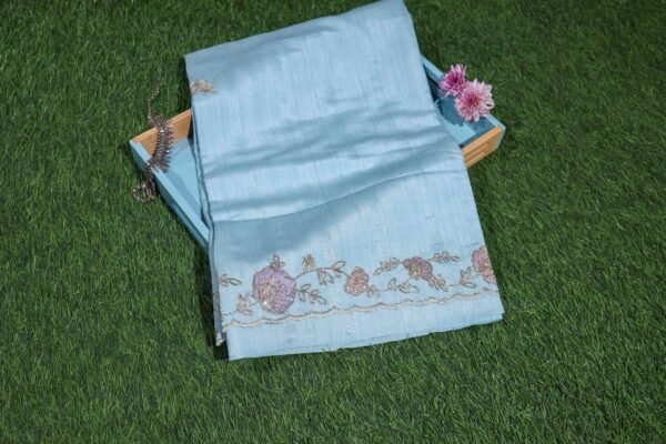 Sky Blue Linen Work Saree - Image 3
