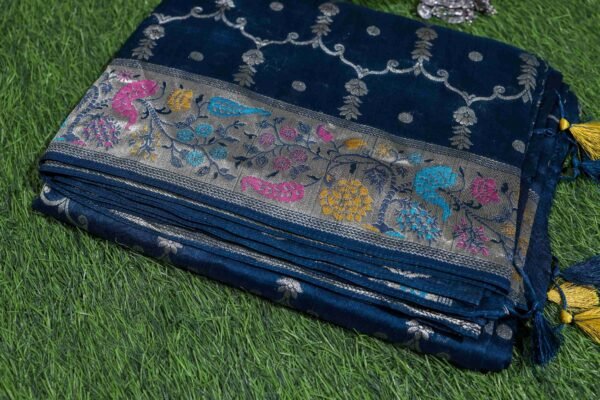 Teal Blue Tassar Silk In Jaal Patern
