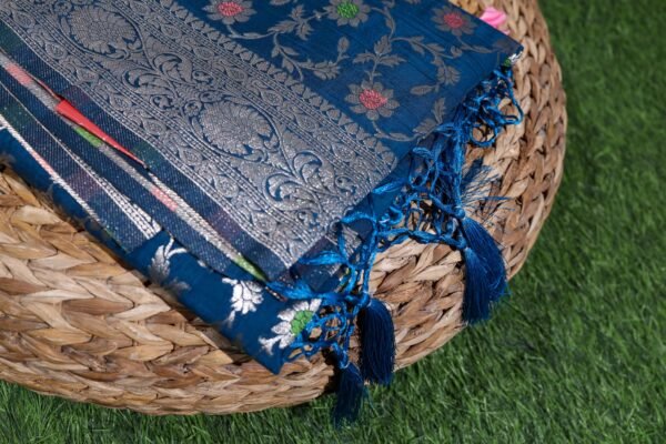 Teal Blue Tassar Silk In Jaal Patern - Image 6
